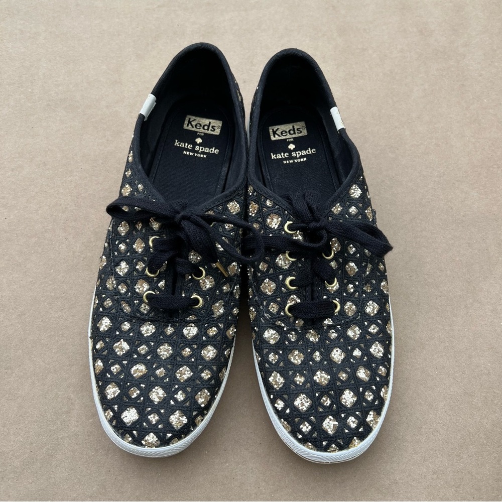 Keds by Kate Spade black woven gold glitter sneakers